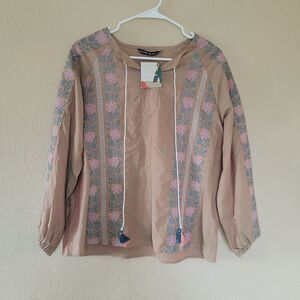 Womens Peasant Boho Top Sz 8 Floral Balloon Sleeves Tassel Boho Lightweight Nwt